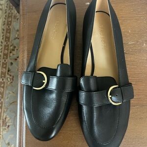 Talbots Black Leather Loafers with Gold Buckle